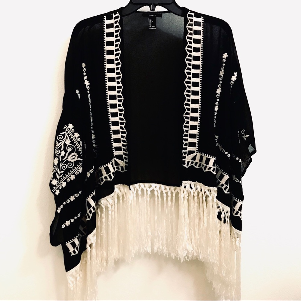 Black Embroidered Tassel Loose Sheer Kimono